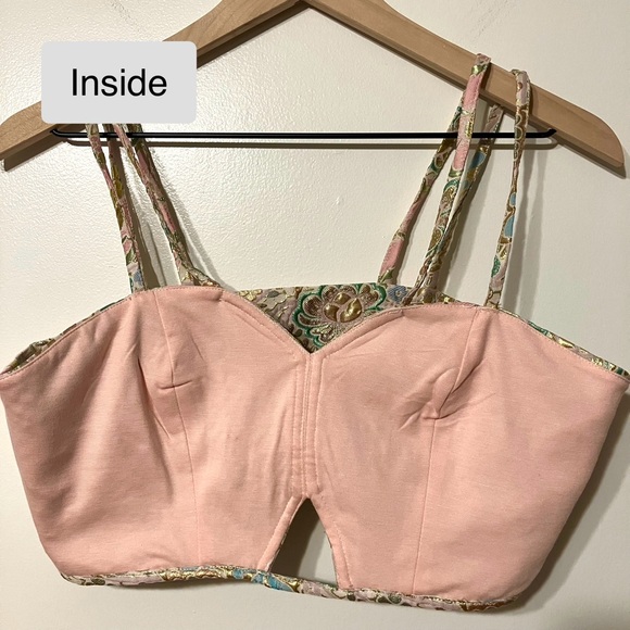 Embroidered Metallic Floral Crop Top Bralette - Pink, Gold, Blue, Green Pattern - Picture 10 of 14